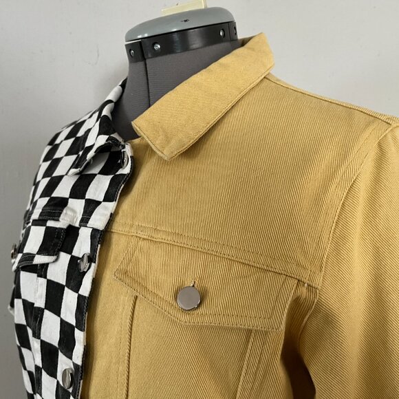 NWT M.N.I LA Sz L Black White Yellow Colorblock Cropped Stretch Denim Jacket - Picture 2 of 10